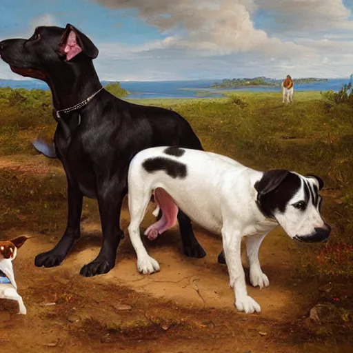 Image similar to black pitbull meets a brown and white Jack russell terrier at the gates of heaven, oil paining, detailed