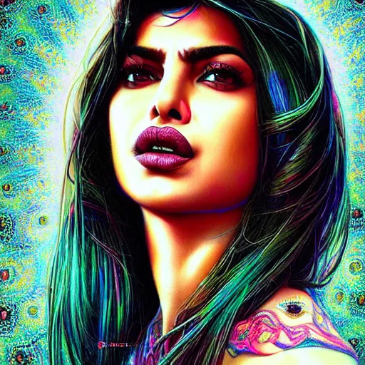 Image similar to portrait of priyanka chopra, hyper detailed masterpiece, neon floral pattern, jean giraud, digital art painting, darkwave goth aesthetic, psychedelic, artgerm, donato giancola and tom bagshaw