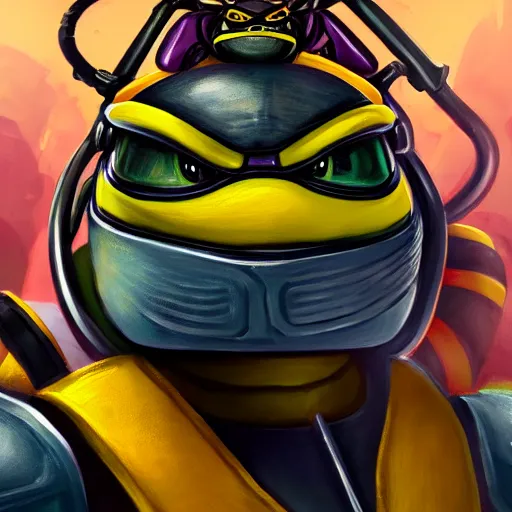 Image similar to closeup painting of cute bee tmnt with themed armor, portrait, hyperdetailed, artstation, cgsociety, 8 k, by tangerine dream