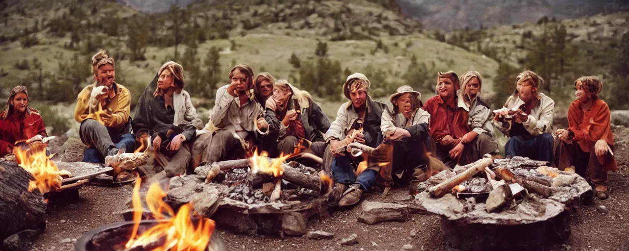Prompt: small group eating spaghetti, 1 8 0 0's american west, by a campfire, mountains in the background aesthetic!!, small details, facial expression, intricate, canon 5 0 mm, wes anderson film, kodachrome, retro
