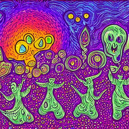 Prompt: ghosts having a fun night on the town, psychedelic colors, in a pointilliste style