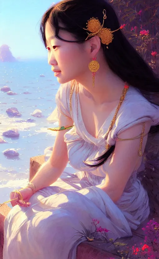 Image similar to a beautiful young charming asian goddess with sundress and jewelry | | winter, realistic shaded, unpleasant face, good looking, fine details, dior, lv, realistic shaded lighting poster by greg rutkowski, macoto takahashi, magali villeneuve, artgerm, jeremy lipkin and michael garmash