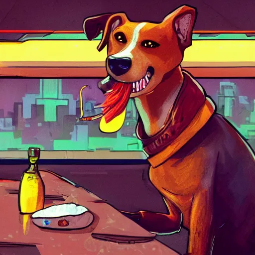 Image similar to dog eating a sandwich in a bar on an alien planet, cyberpunk