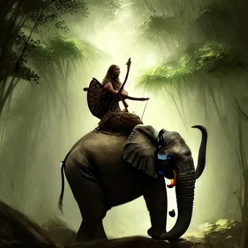 Image similar to a viking riding an elephant in a jungle, digital art, art by greg rutkowski, artstation, deviantart, highly detailed, photorealistic, fantasy art, clean, western comic art, award winning commission