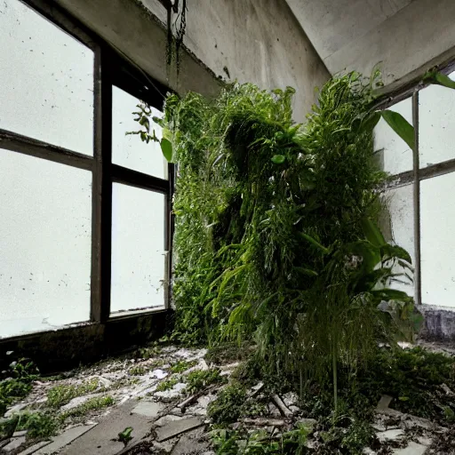 Image similar to an abandoned room in a concrete building, overgrown plants, dreamy, overcast, by hans bellmer