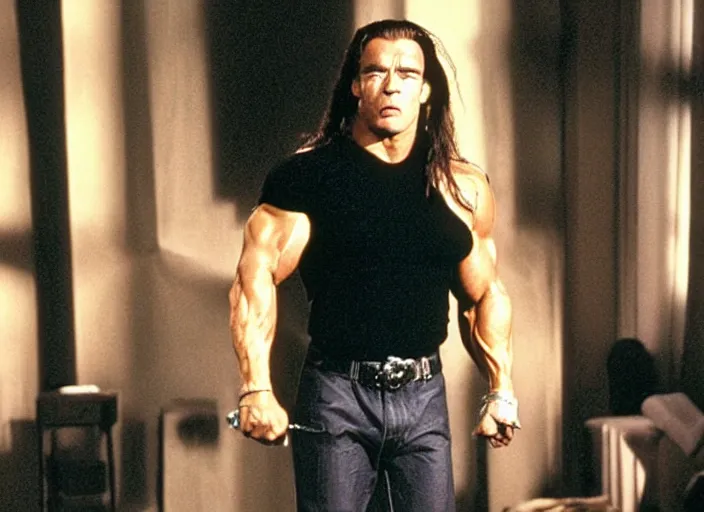 Prompt: arnold schwarzenegger in a still from the movie The Room (2003)