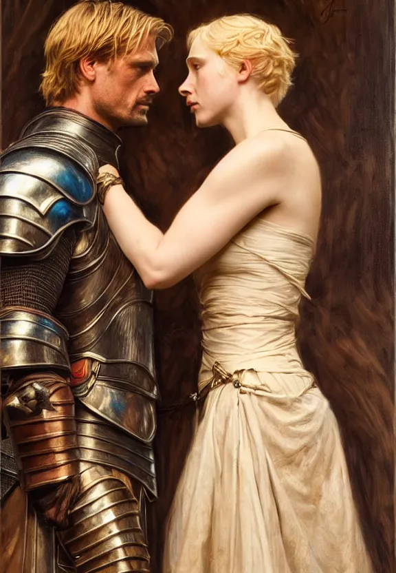 Prompt: attractive fully clothed jaime lannister confesses his love for attractive fully clothed armored brienne of tarth. highly detailed painting by gaston bussiere and j. c. leyendecker 8 k