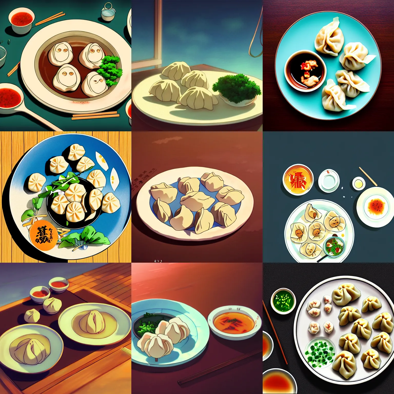 Prompt: dumplings on a plate, digital art, illustrations, by makoto shinkai and studio ghibli