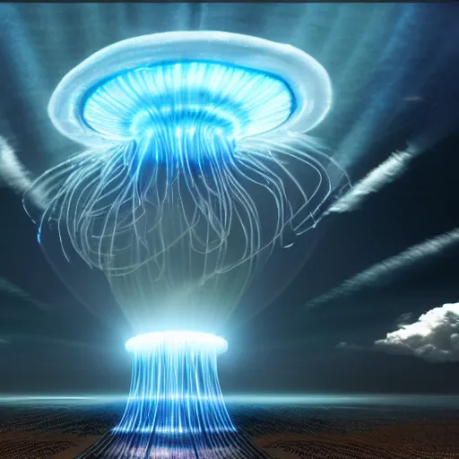 Prompt: a sky filled with irredesent light, futuristic jellyfish emerge from the clouds, cinematic, volumetric light-n 4