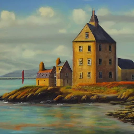 Image similar to old Scotland distillery in the seashore, oil painting style,