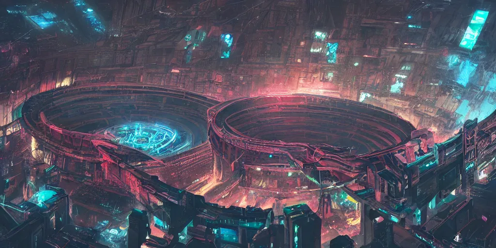 Cyberpunk coloseum, birds eye view, rgb lights,, Stable Diffusion