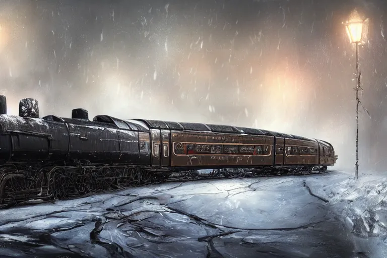 Image similar to willy wonka's grand intricate futuristic black steam train, post - apocalyptic ice landscape in snowstorm, concept art, artstation, highly detailed, digital art