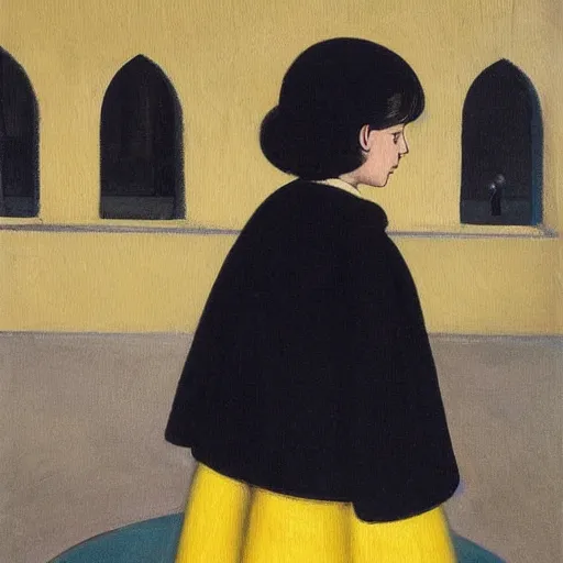 Prompt: a painting of a distant little girl with short black hair and wearing a yellow coat alone in the inner courtyard of an abbey by hopper and de chirico