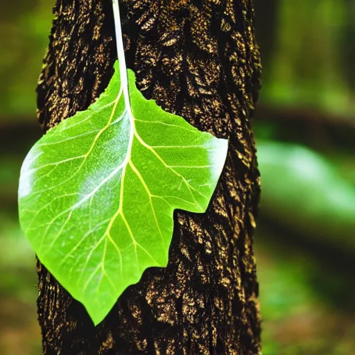 Prompt: realistic photo of a leave nailed on a tree log in a forest