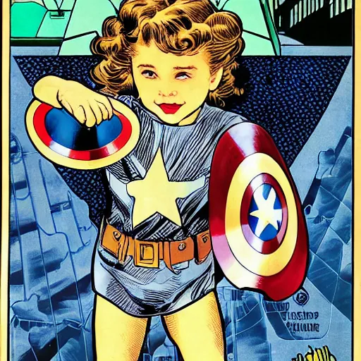 Prompt: a little girl with a mischievous face and light brown curly wavy hair. she is dressed as captain america, spider - man, batman, captain marvel, a superhero. well composed, clean elegant comic book art, beautiful detailed face. by steve ditko and jack kirby and alphonse mucha