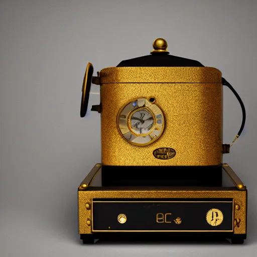 Prompt: steampunk roaster gold and black, shiny golden, studio light, 4 k, highly detailed, black background, light on top