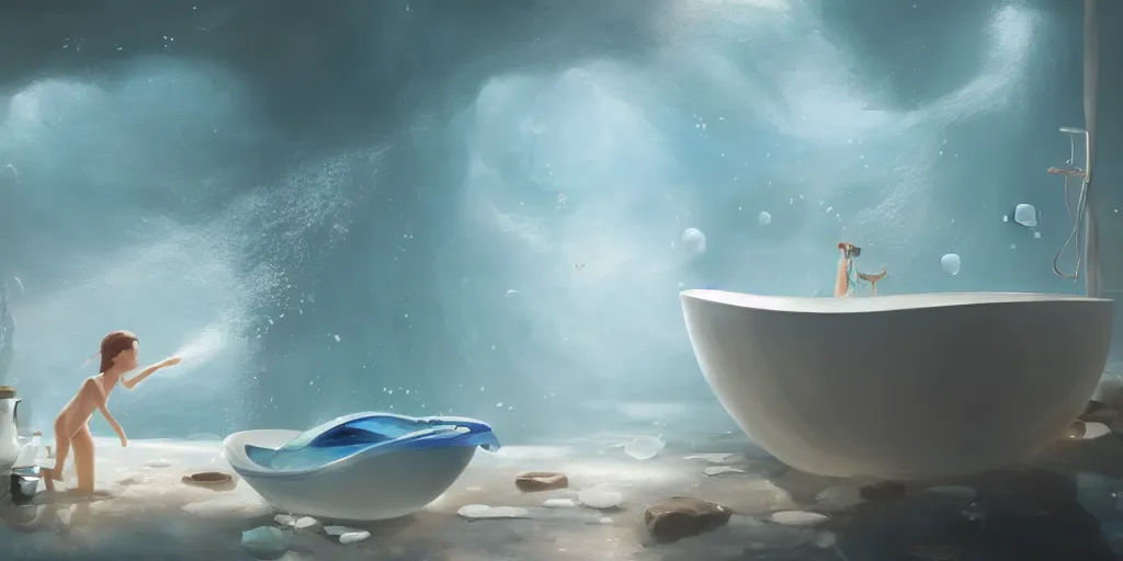 Image similar to an ocean in the bathtub, detailed oil painting, cinematic angle, hyperrealistic, breathtaking, volumetric lighting, cinematic lighting, dynamic, Studio Ghibli, digital art, octane render, epic composition, trending on artstation, masterpiece