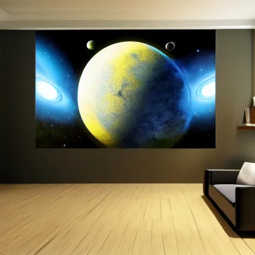 Image similar to modern futuristic home in space with view of planet and nebula galaxy background detailed airbrushed painting 4 k