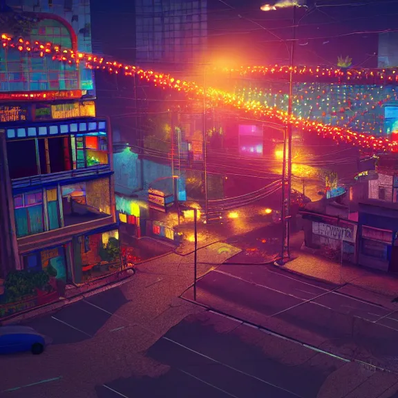 Prompt: Downtown Mexico, string lights, colorful lighting, night, realism, rule of thirds photo, intricate abstract, ((gta 5 screenshot house)), by Tooth Wu, by Greg Rutkowski, studio Ghibli