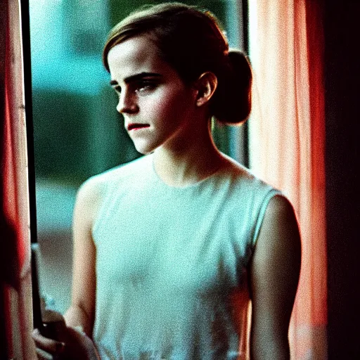 Image similar to Photograph of Emma Watson holding a joint by the window. Golden hour, dramatic lighting. Medium shot. CineStill