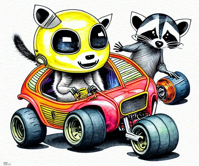 Image similar to cute and funny, racoon wearing a helmet riding in a tiny hot rod with oversized engine, ratfink style by ed roth, centered award winning watercolor pen illustration, isometric illustration by chihiro iwasaki, edited by range murata, symmetrically isometrically centered