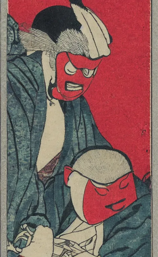Image similar to by akio watanabe, manga art, a man masked as tengu sitting, red mask, abandoned japaense village, trading card front