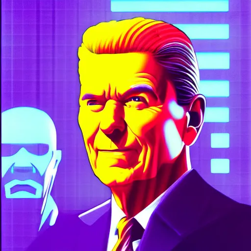 Prompt: ronald reagan as max headroom, cyberpunk, portrait, synthwave, neon, 8 0 s aesthetic, science fiction, artistic, artstation