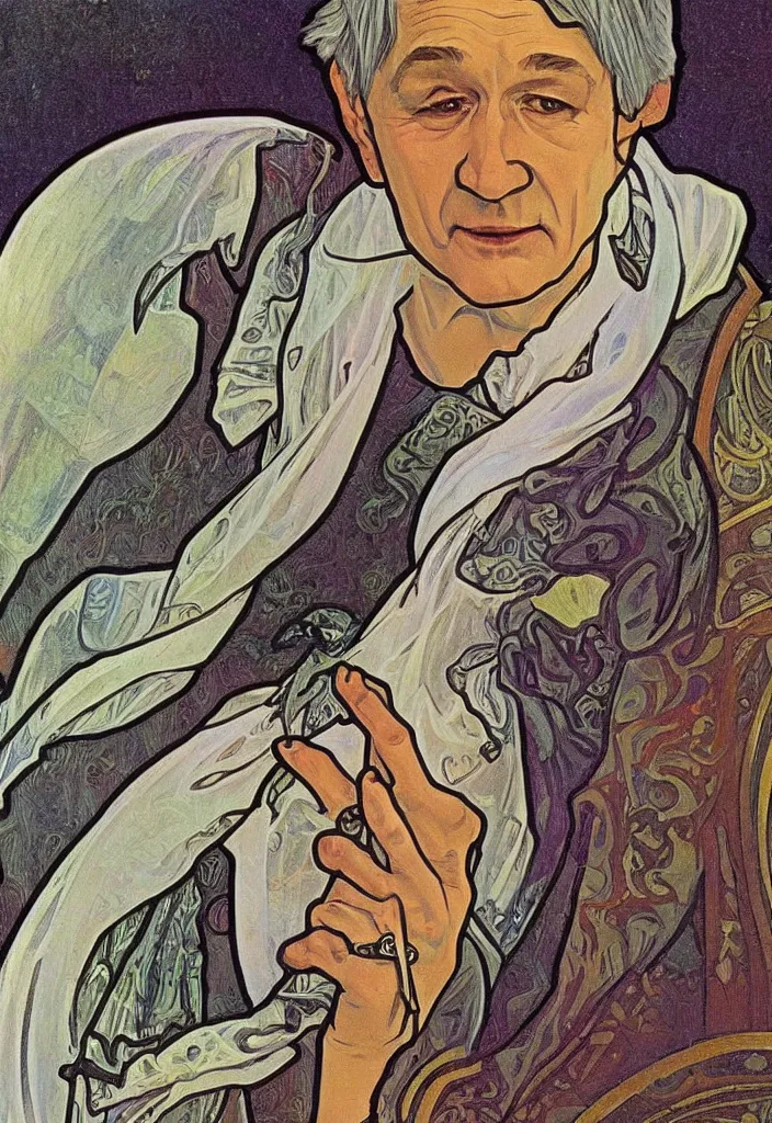 Prompt: realistic white - haired geoffrey hinton on a tarot card, tarot in art style by alphonse mucha