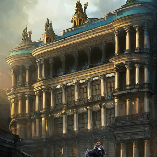 Image similar to werewolf highly sitting on the opera house at lviv, panorama, highly detailed, full body, digital painting, trending on artstation, concept art, sharp focus, illustration, art by artgerm and greg rutkowski and magali villeneuve