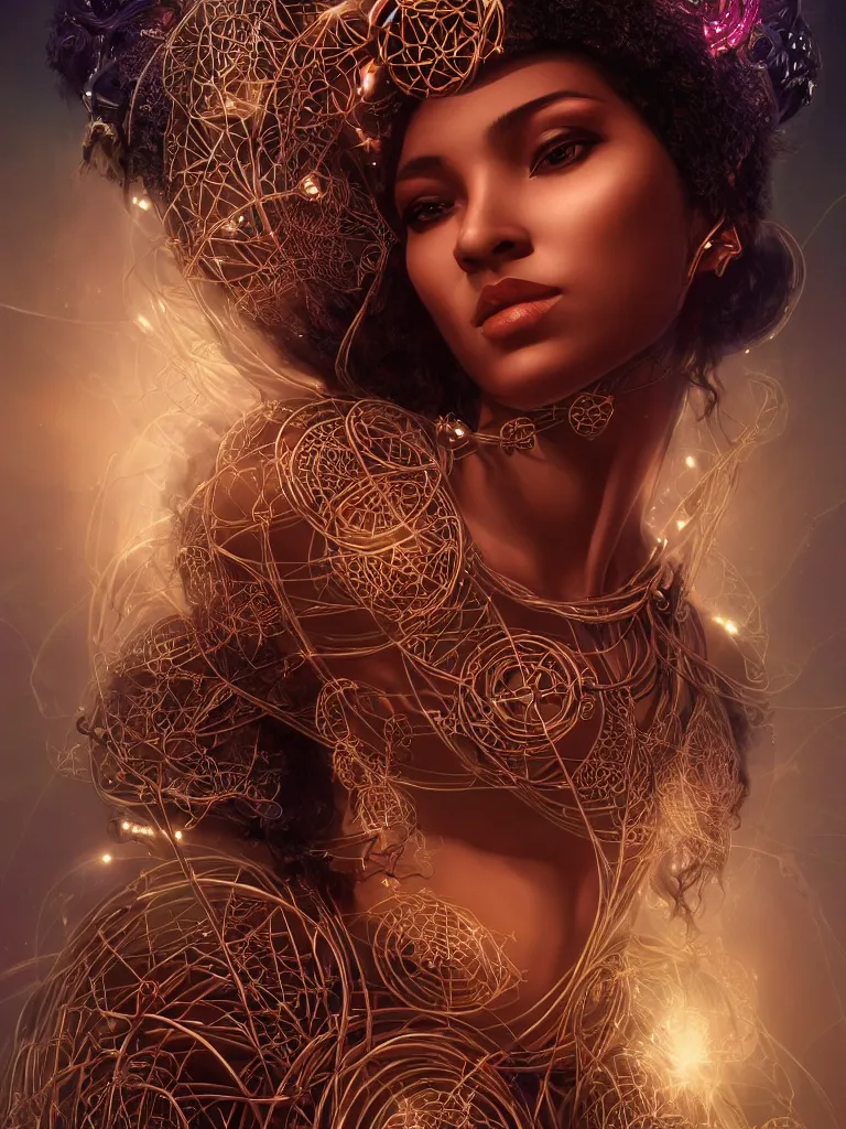 Prompt: a centered render of an alluring mystical tribal goddess adorned with cables and synthesizer parts is surrounded by sacred geometry, full body, gorgeous face, perfect face, powerful, cinematic, beautifully lit, by artgerm, by karol bak, 3 d, trending on artstation, octane render, 8 k