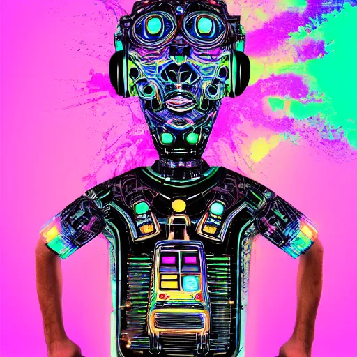 Prompt: photo of a black tshirt with a hyperdetailed portrait of a trippy robot, half robot, half human, 8 k, symetrical, flourescent colors, happy mood, multicolored,