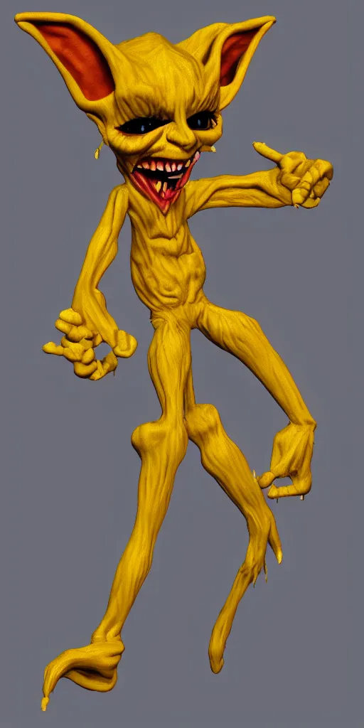 Prompt: malice yellow goblin doll in a street animation psx rendered early 90s net art n64 3d 2001