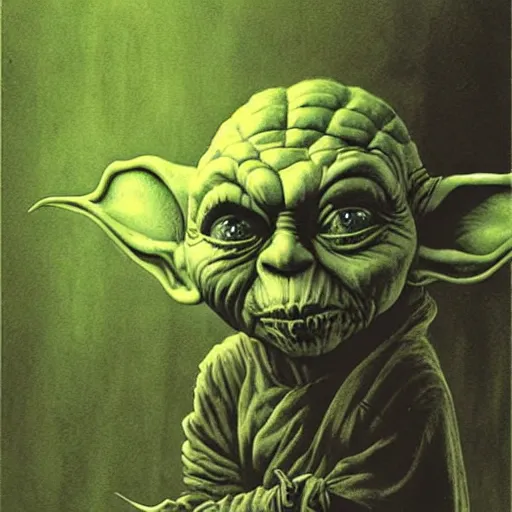 Image similar to horror goblin yoda, black blood dripping, creepy background, by john kenn mortensen and zdizslaw beksinski