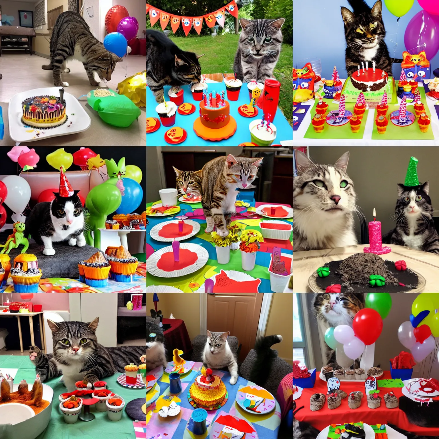 Prompt: Tyrannosaurus arranged a birthday party for cats