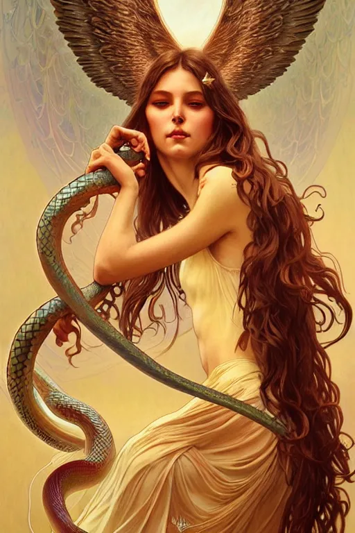 Image similar to angels that look like hippies dancing with snakes, fantasy, amber eyes, face, long hair, intricate, elegant, highly detailed, digital painting, artstation, concept art, smooth, sharp focus, illustration, art by artgerm and greg rutkowski and alphonse mucha