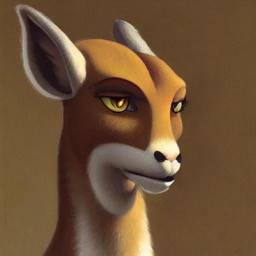 Image similar to a portrait of an anthropomorphic gazelle, furry fursona, in the style of william - adolphe bouguereau and hayao miyazaki and masamune shirow, extremely detailed, wlop