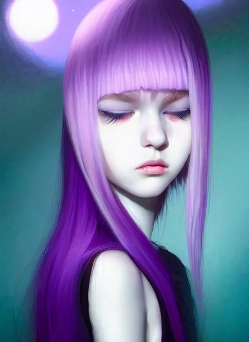 Image similar to hair whitebangs hair, black hair, whitebangs, portrait of teenage girl with white bangs, red irises, purple clothes, white bangs, bangs are different color from hair, intricate, elegant, glowing lights, highly detailed, digital painting, artstation, concept art, smooth, sharp focus, illustration, art by wlop, mars ravelo and greg rutkowski