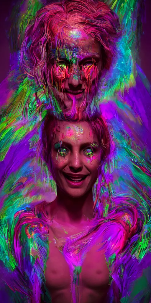 Prompt: impossibly beautiful portrait, dapper dream demon, wings, full body, bad trip, insane smile, intricate complexity, surreal horror, inverted neon rainbow drip paint, trending on art station, photoreal, 8 k, octane render by greg rutkowski
