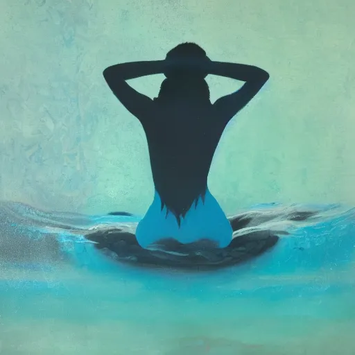 Prompt: underwater beauty silhouette drowning in a turquoise wavy sea, feminine, healing, appeasing, waves, tsunami, she loves another one, mental health, oil painting, by francis bacon, emotional conflict, hd, 8 k, trending on artstation, paradoxal, perfect framing, neo - expressionism, expressive