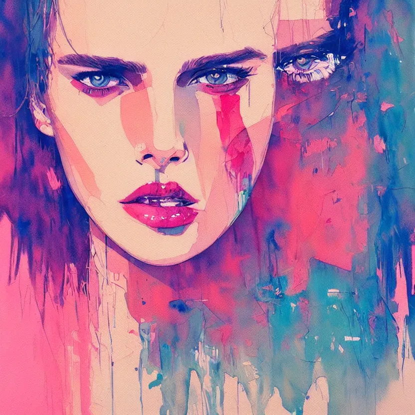 Image similar to close up portrait painting of a female in nineties street styling, concept art, intricate details, aesthetically pleasing pastel colors, art by conrad roset, impressionism, watercolor, portrait