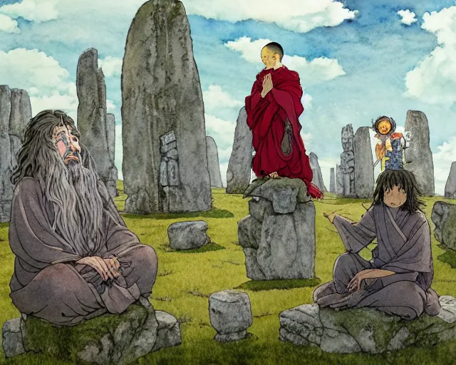 Image similar to a hyperrealist studio ghibli watercolor fantasy concept art of a giant long haired grey witch in lotus position sitting on top of stonehenge with a starry sky in the background. a group of tiny monks are prostrating them themselves. by rebecca guay, michael kaluta, charles vess