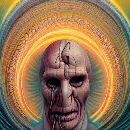 Prompt: cybernetic voldemort goes on an ego trip under lsd, by alex grey, by Esao Andrews and Karol Bak and Zdzislaw Beksinski and Zdzisław Beksiński, trending on ArtStation