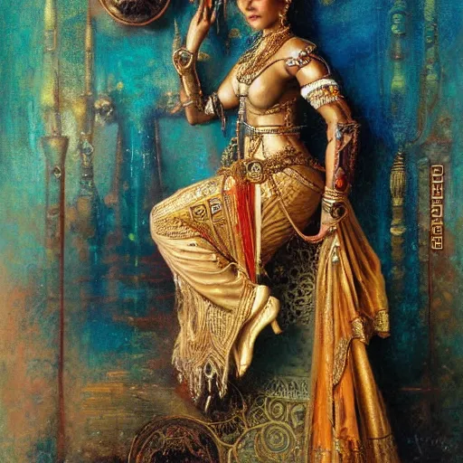 Image similar to detailed potrait of hindu traditional woman with high - tech steam punk clock face armour, girl graceful,, painting by gaston bussiere, craig mullins, j. c. leyendecker, lights, art by ernst haeckel, john william godward, hammershøi,,