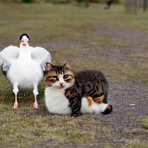 Image similar to a picture of a combination of two different creatures, a cat head on a goose body, crossed creatures, wide shot photo