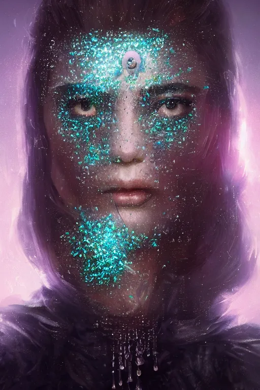 Image similar to A fancy portrait of a women with a crystal covered face by Greg Rutkowski, beeple, Sung Choi, Mitchell Mohrhauser, Maciej Kuciara, Johnson Ting, Maxim Verehin, Peter Konig, final fantasy, macro lens, 35mm, 8k photorealistic, cinematic lighting, HD, high details, dramatic, dark atmosphere, trending on artstation