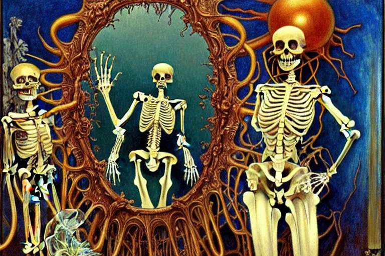 Prompt: realistic extremely detailed portrait painting of a skeleton looking in vintage mirror, alien crowd in background by Jean Delville, Amano, Yves Tanguy, Alphonse Mucha, Ernst Haeckel, Edward Robert Hughes, Roger Dean, rich moody colours, blue eyes