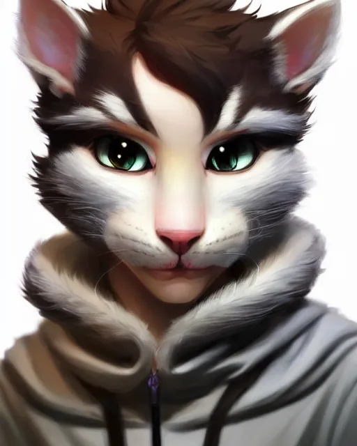 Image similar to character concept art of a young male anthropomorphic furry cat | | cute - fine - face, pretty face, key visual, realistic shaded perfect face, fine details by stanley artgerm lau, wlop, rossdraws, james jean, andrei riabovitchev, marc simonetti, and sakimichan, trending on artstation