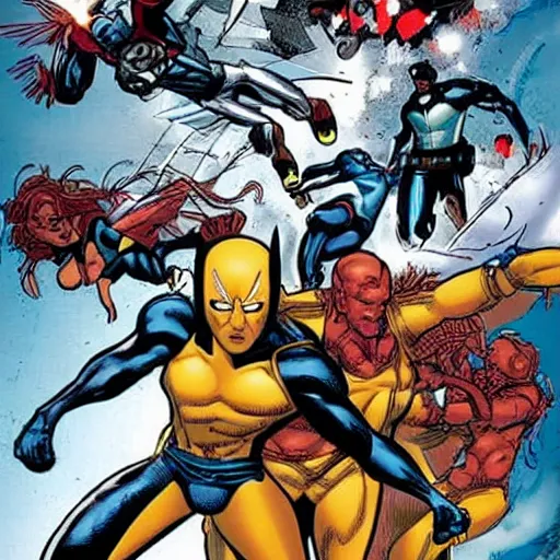 Prompt: Comic book art of the X-men getting shot down by big robots
