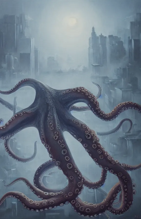 Image similar to a giant octopus monster moving through a foggy and dim city, extremely detailed!!! oil painting, dull palette