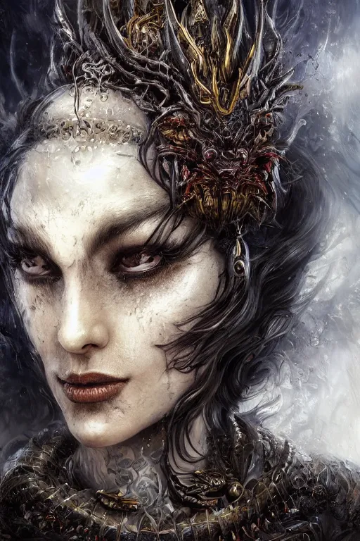 Image similar to single face portrait. very complex hyper-maximalist overdetailed cinematic darkfantasy portrait of an elegant very attractive but dangerous and wild queen dragon by andrei riabovitchev, tomasz alen kopera, oleksandra shchaslyva. Omnious intricate. Focus on face. Artstation. Deviantart. 8k 4k 64megapixel.